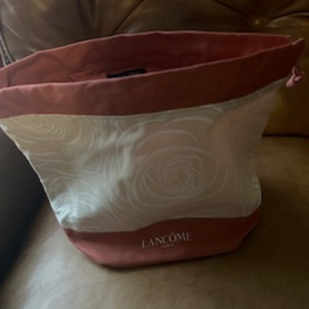 Lancome Cosmetic Bag Rust, Tan & White 9"H 11"W 7"D Has Drawstring New
